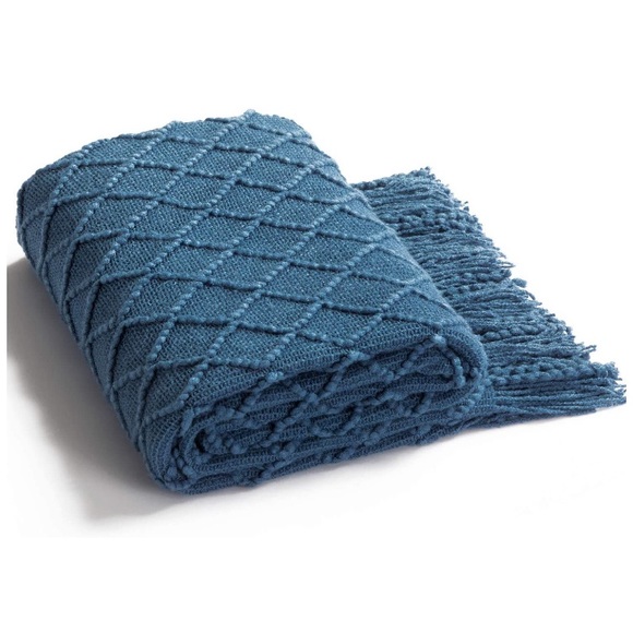 Navy Blue Diamond Bohemian Home Tassel Knit Throw Cozy Fringe Patterned Blanket - Picture 5 of 16